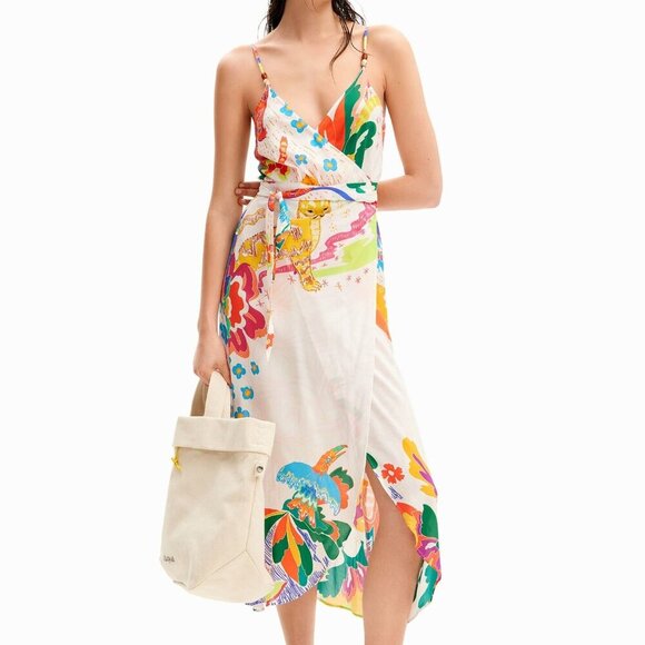 NEW DESIGUAL womens JUNGLE DESIGN WRAP MIDI DRESS Size S - Picture 1 of 8
